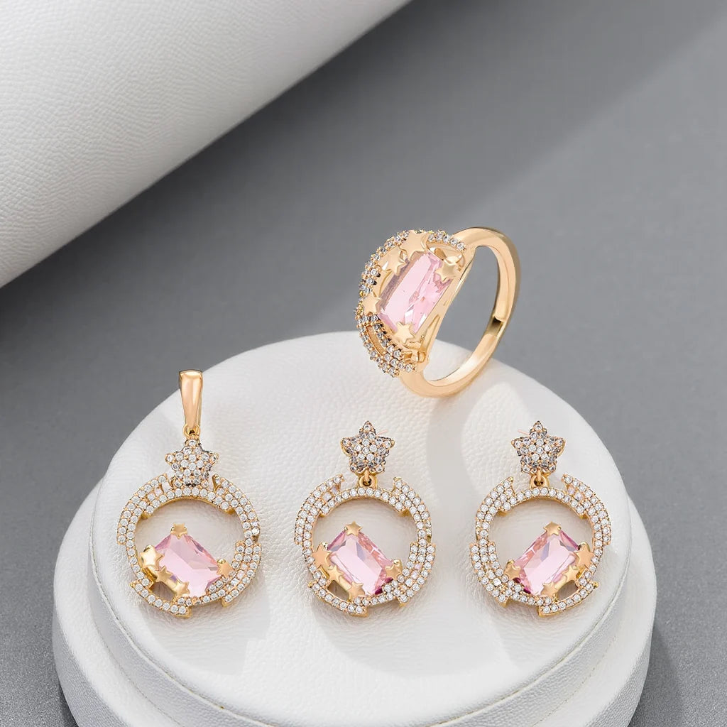 Parure de Bijoux Dorée Pierres Rose Poudré & Étoiles